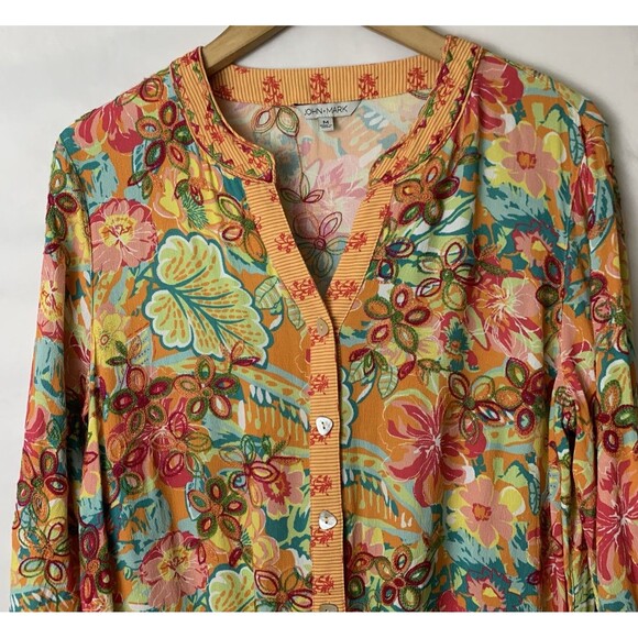 John Mark Women's Size M Embroidered Floral Button Tie Front Blouse 3/4 Sleeve - Picture 3 of 9